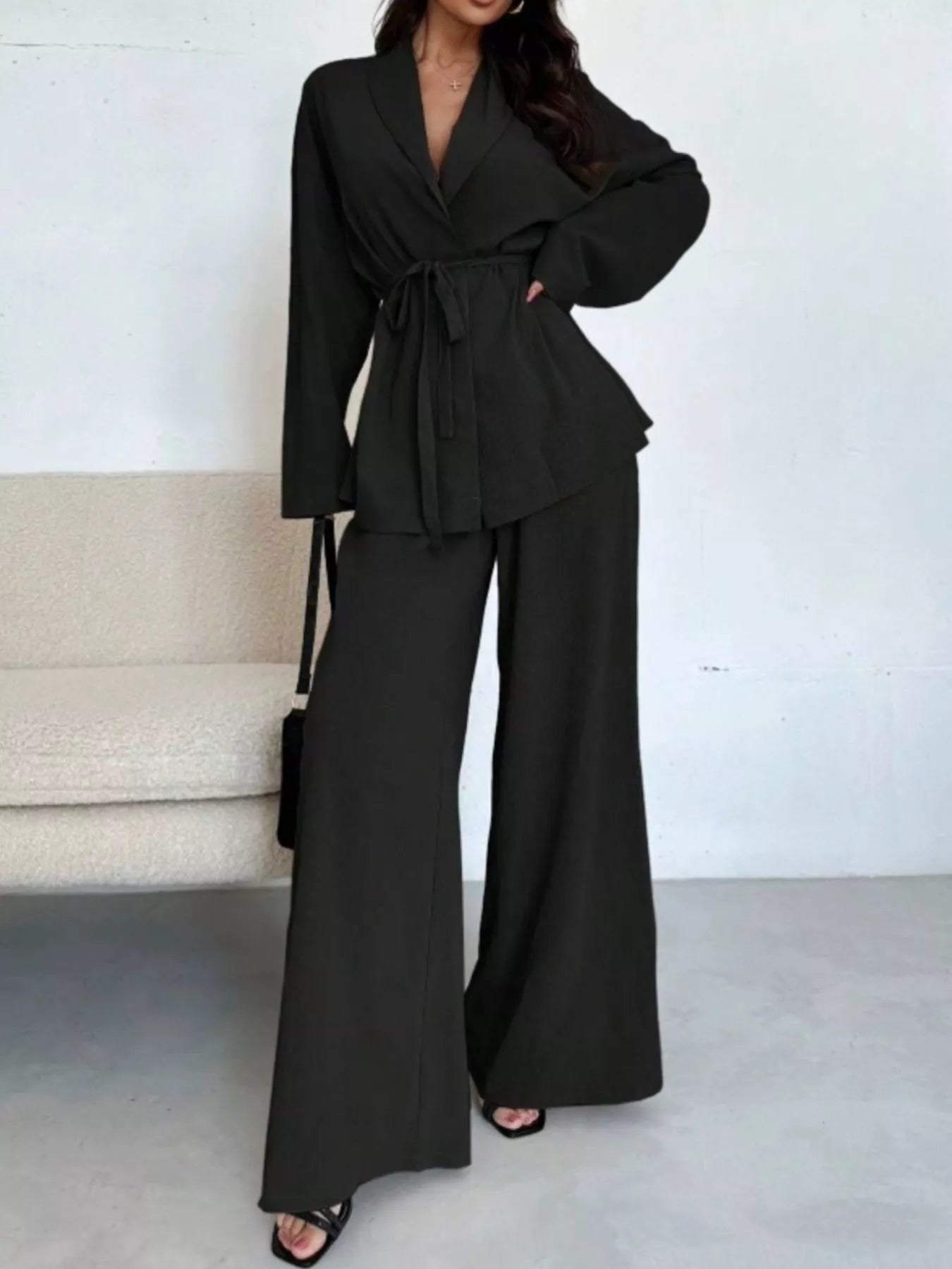 Trendsi Textured Tie Waist Top and Wide-Leg Pants Set -