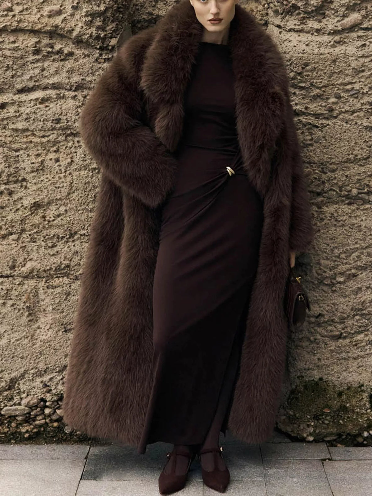 Faux Fur Open Front Longline Coat in brown