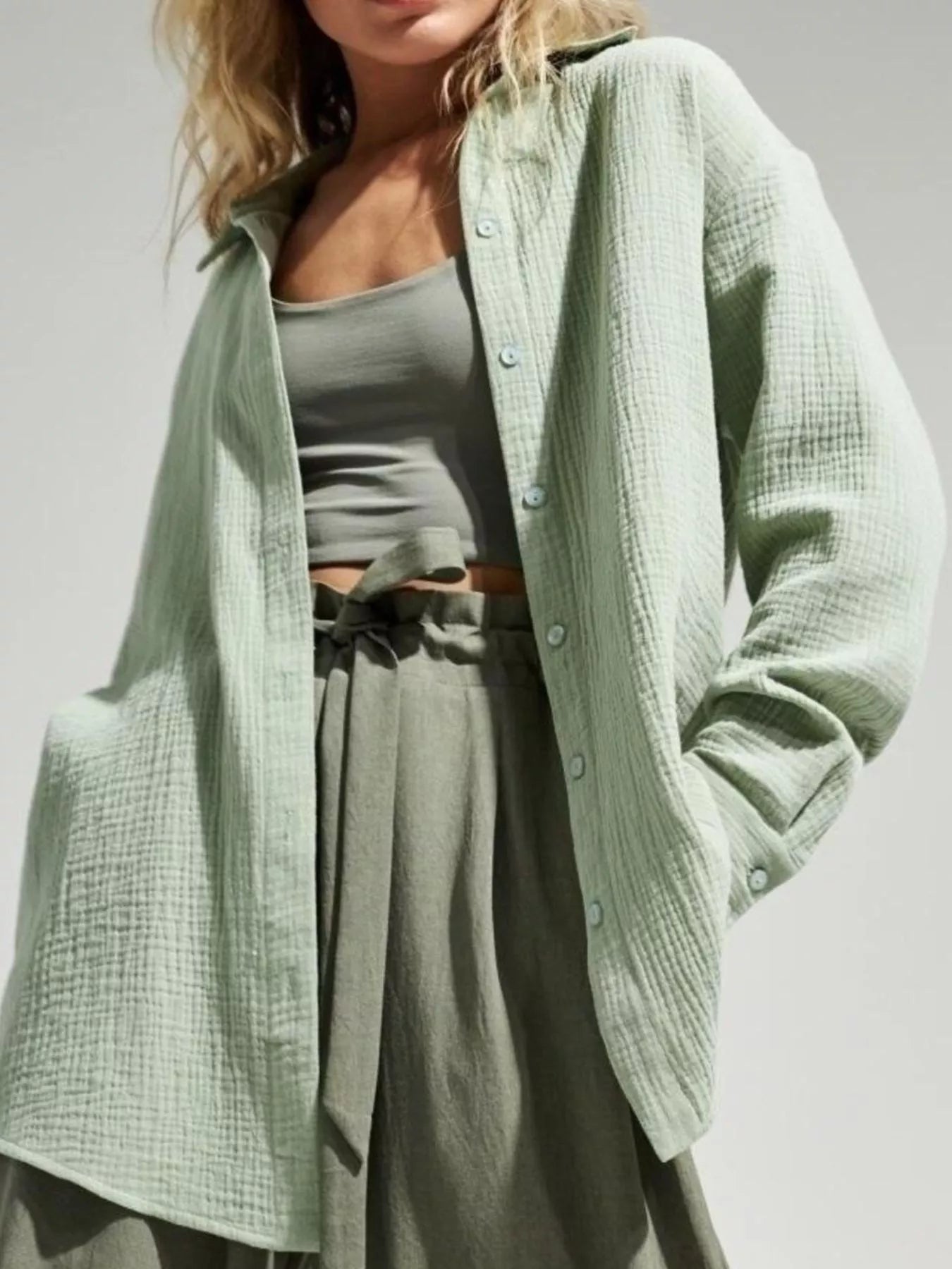 Trendsi Textured Gauze Button-Down Shirt -