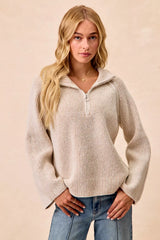Trendsi BiBi Two Tone Rib Texured Knit Collared Top with Zip Up -