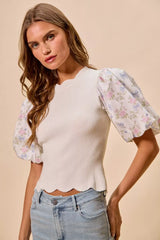 Trendsi SO ME Floral Cotton Contrast Sleeves Scallop Sweater Top -