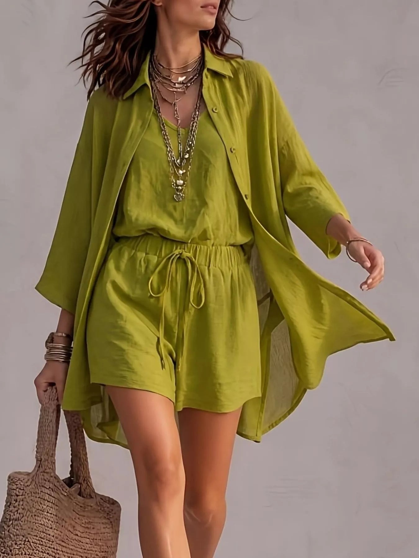 Trendsi V-Neck Tank & Button-Down Shirt and Shorts Set -