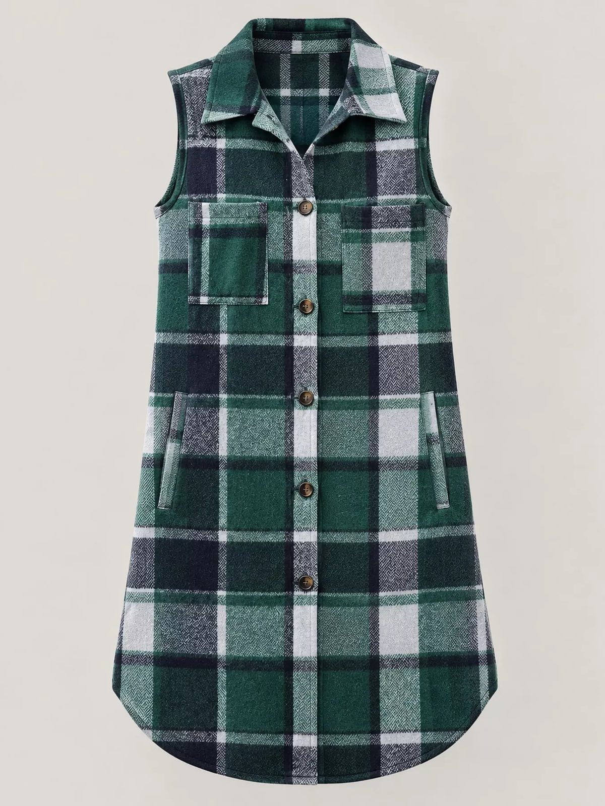 Longline Plaid Button-Down Vest Coat in green and white
