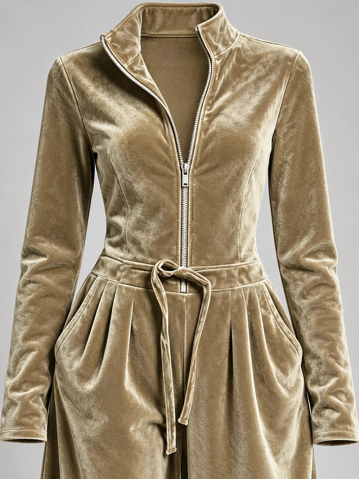 Beige velvet zip up jumpsuit with tie waist, detail view