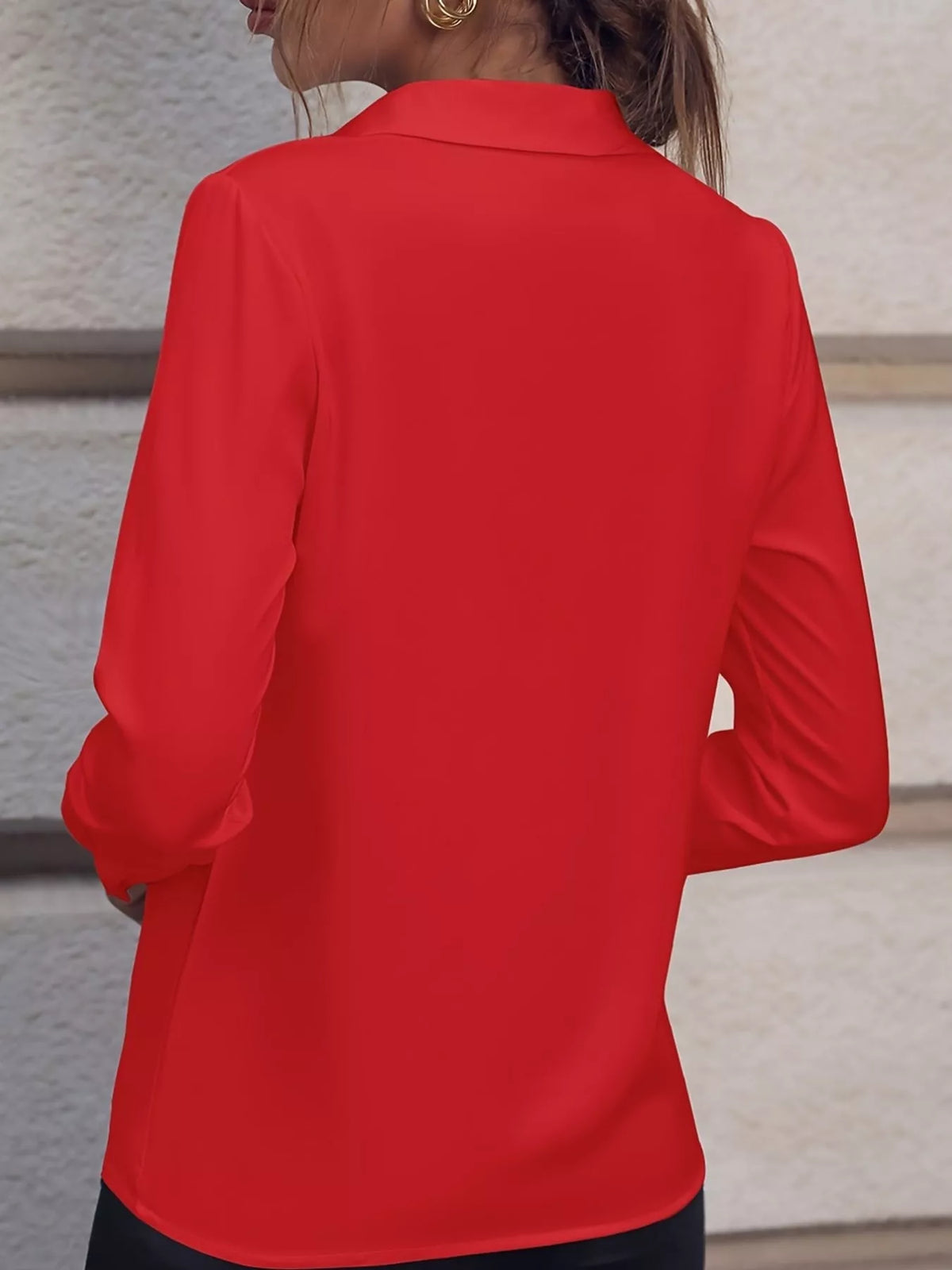 Women's Collared Clasp Detail Long Sleeve Satin Blouse in red — back view