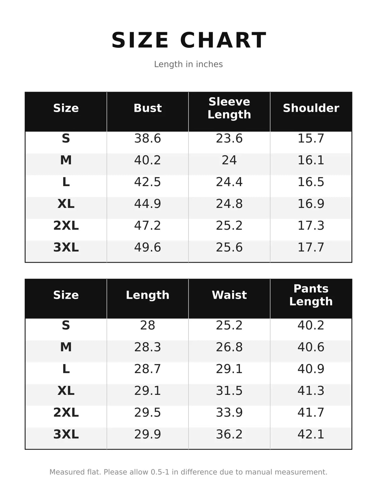 Size chart for contrast-trim blazer and wide-leg pants set