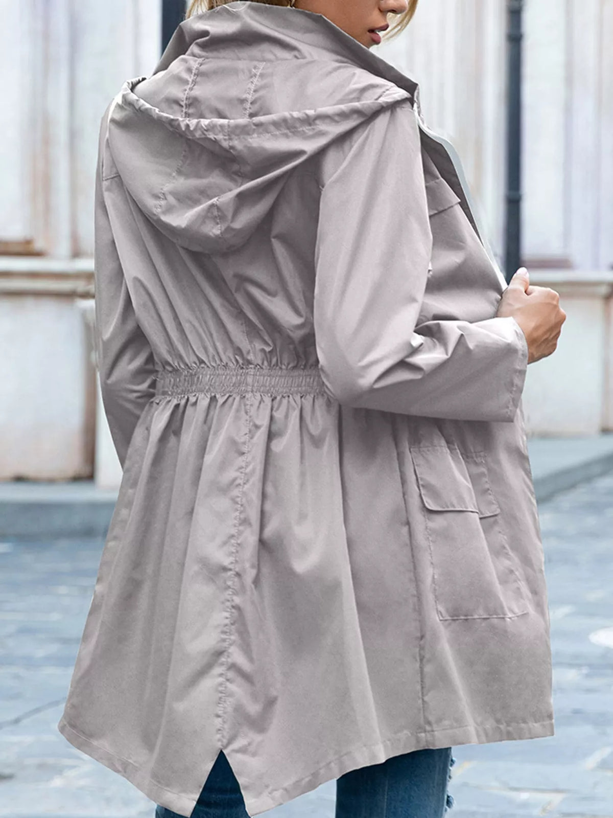 Women's Zip Up Drawstring Waist Hooded Jacket in gray — back view
