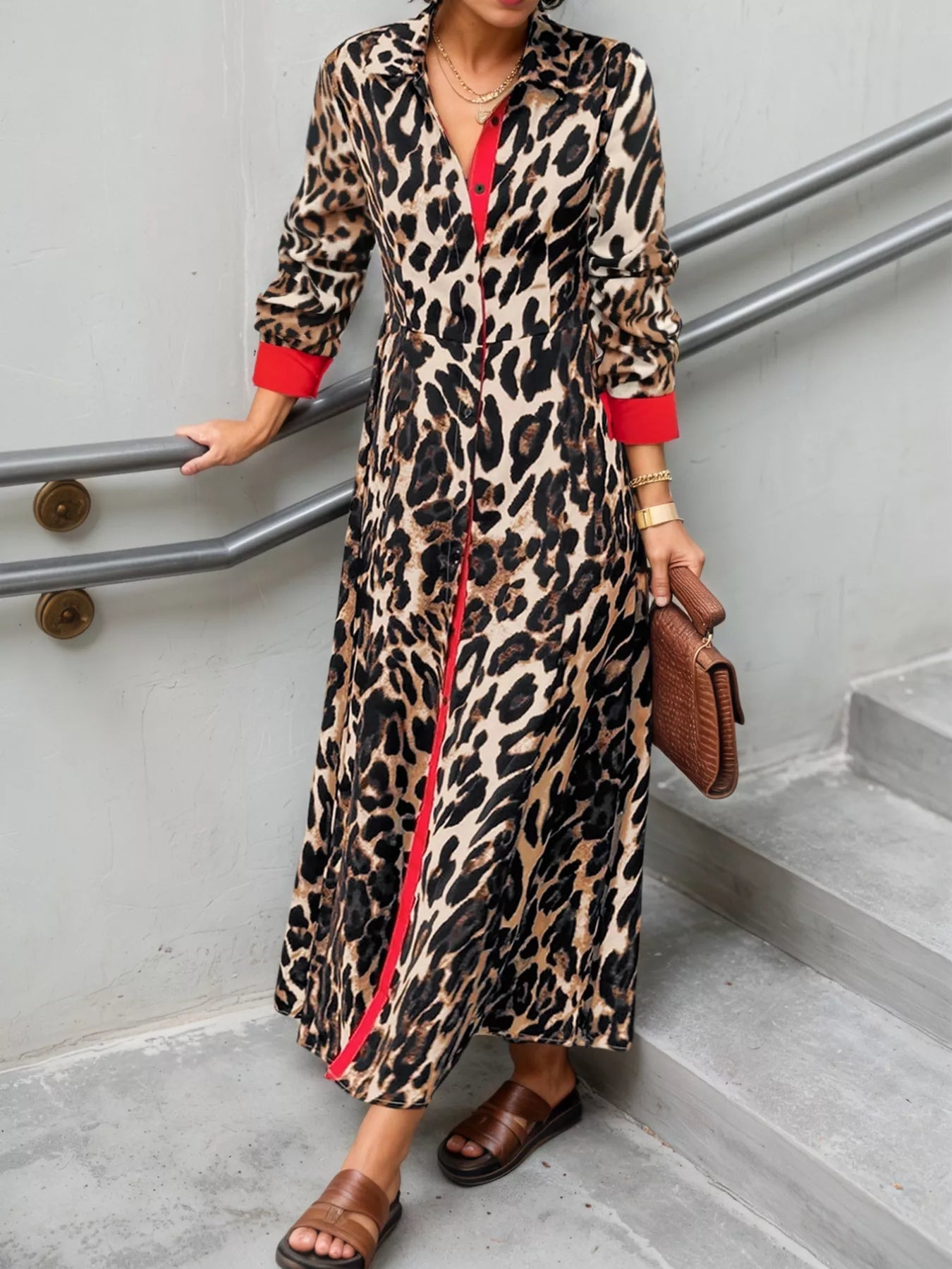 Trendsi Leopard Print Long Sleeve Shirt Dress with Contrast Trim -