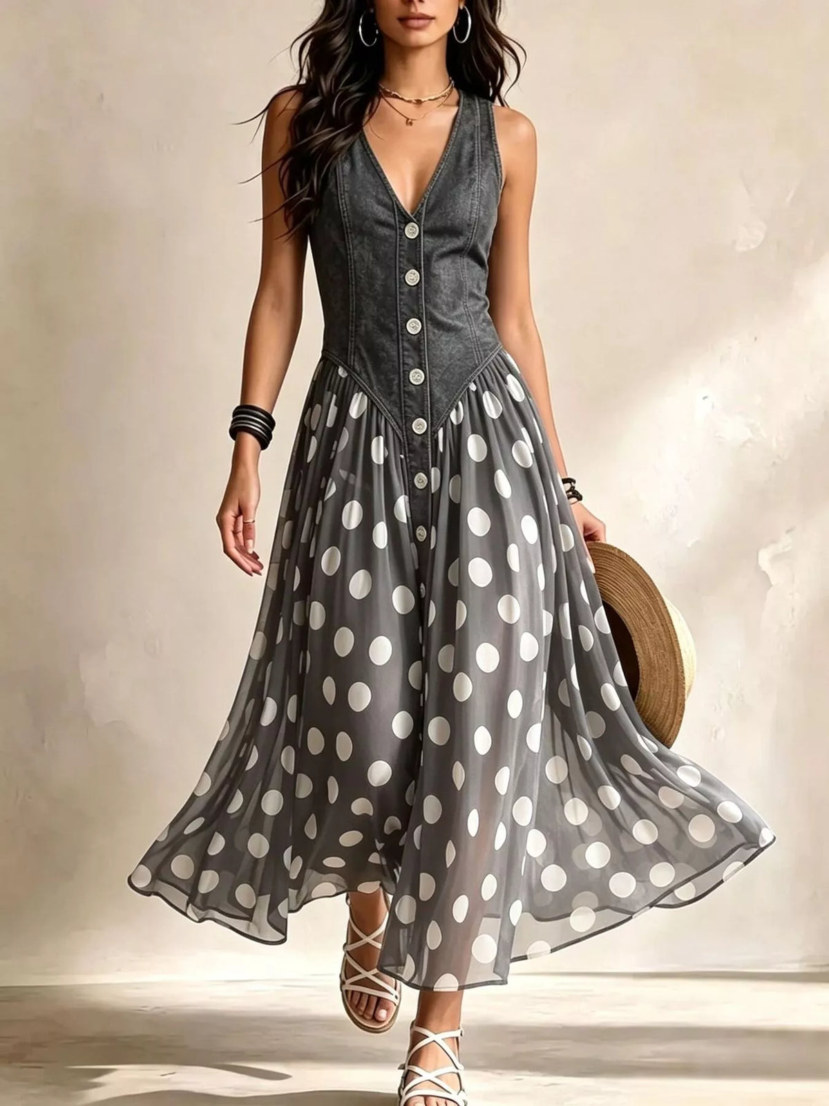Gray polka dot sleeveless maxi dress — front view