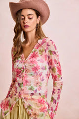Trendsi BiBi Floral Shrried Detail Button Up Mesh Cardigan Top -