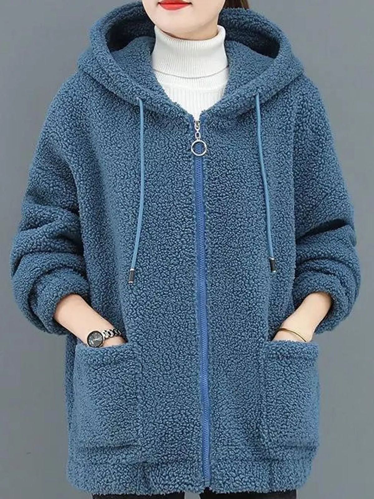 Blue fleece zip-up hoodie with pockets