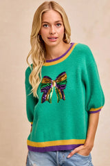 Trendsi BiBi Mardi Gras Sequin Ribbon Patched Sweater -