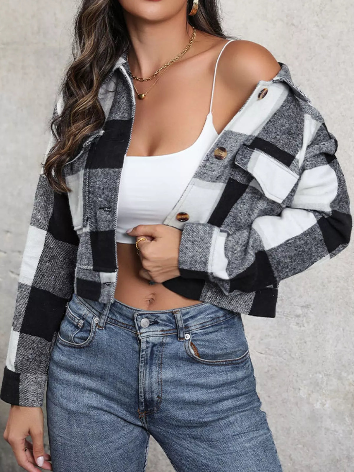 Gray plaid button-up cropped jacket