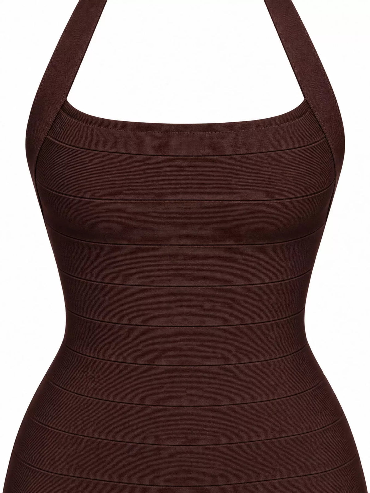 Brown halter neck bodycon dress, detail view