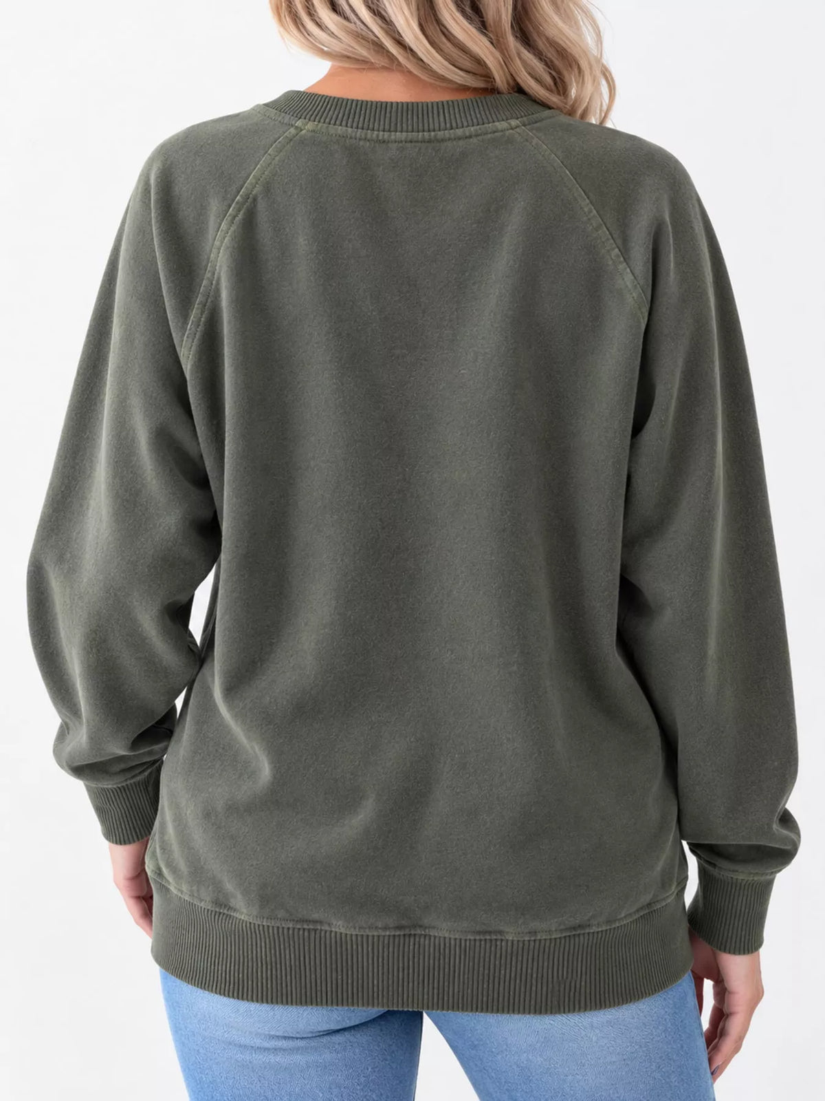 Green crew neck raglan sleeve sweatshirt, back view