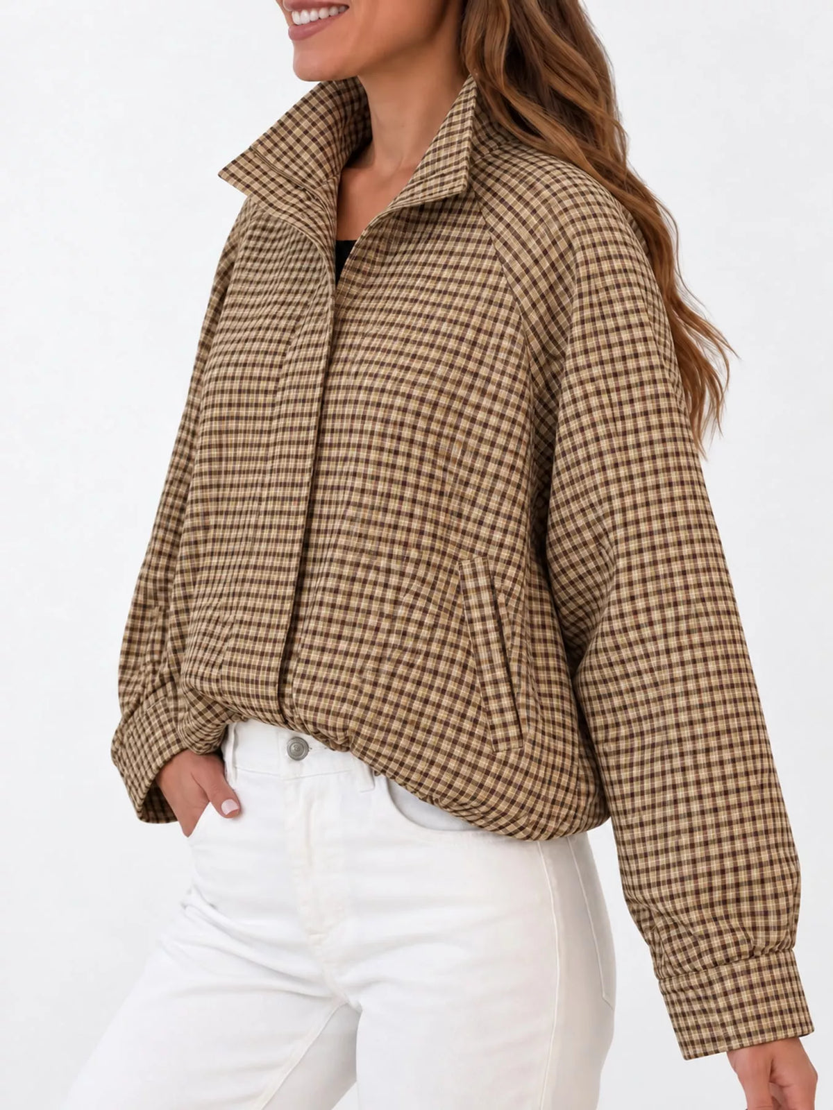 Dark Brown plaid stand-collar cropped jacket
