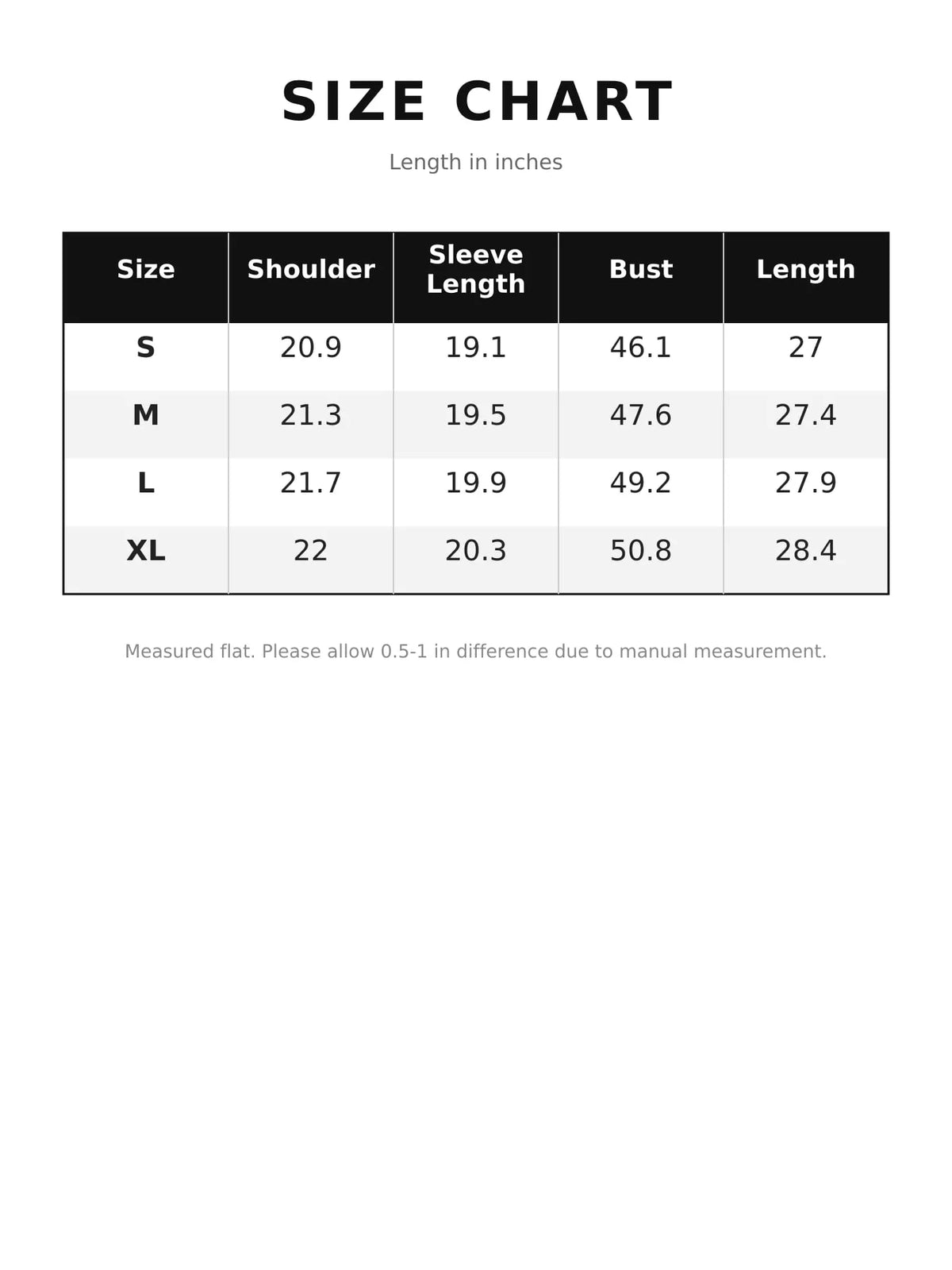 Size chart for lapel collar button up blazer