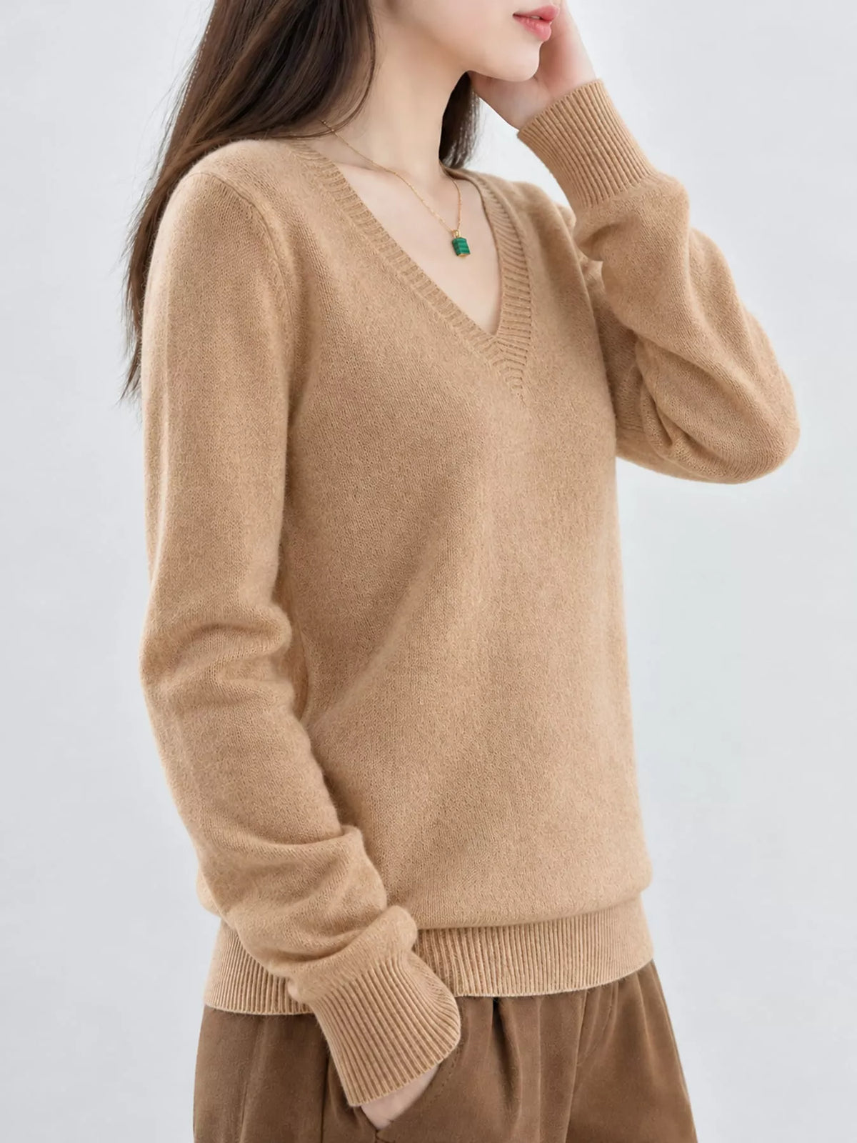 V-Neck Knit Sweater in camel