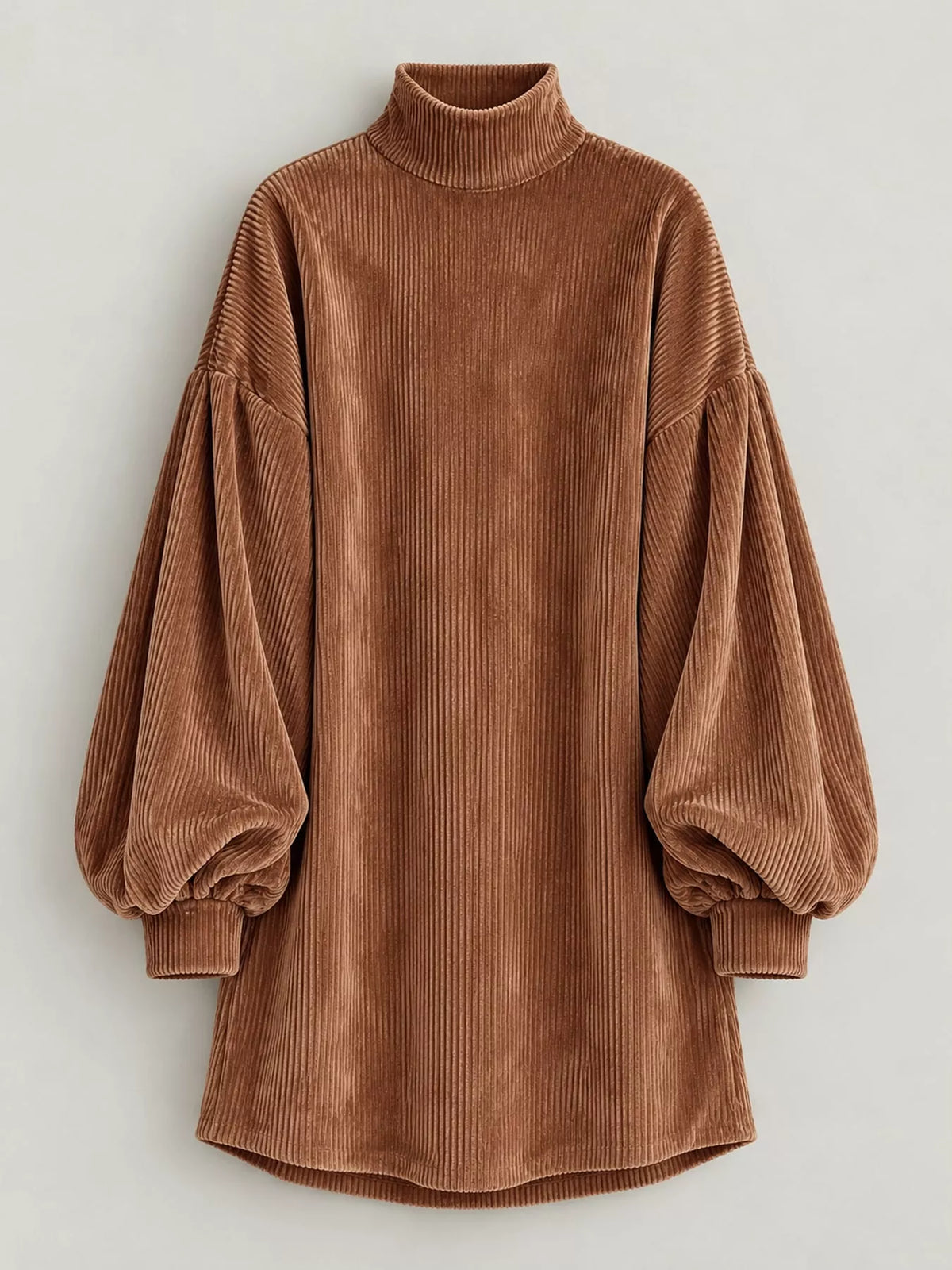 Corduroy Mock Neck Lantern Sleeve Mini Dress in brown, front view