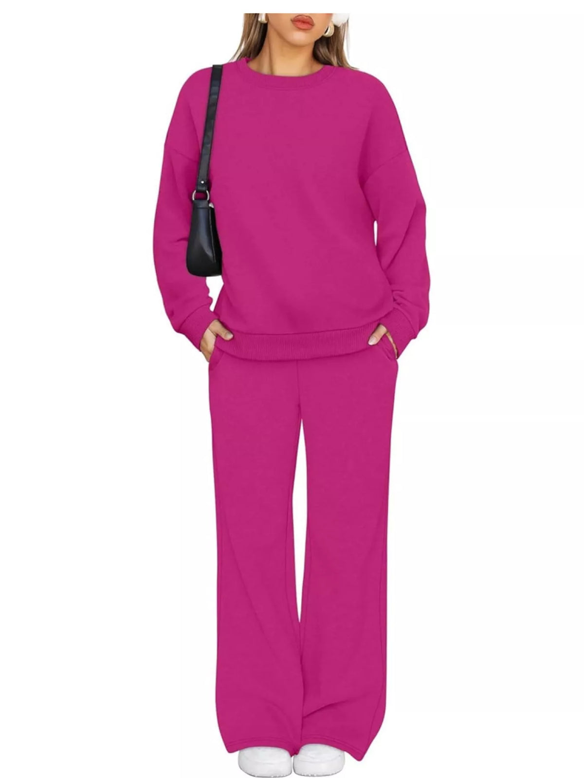 Crewneck Drop Shoulder Sweatshirt and Wide-Leg Pants Set — front view