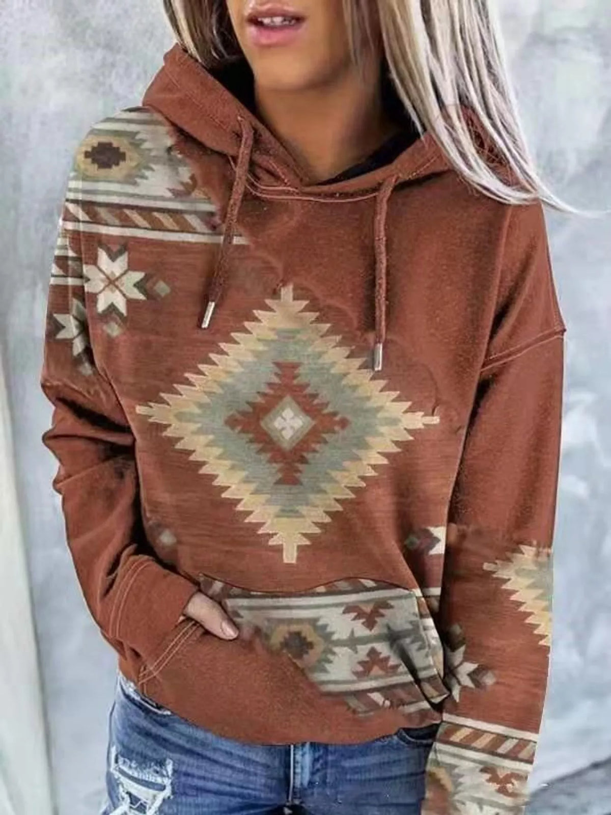 Aztec-print hoodie, brown front