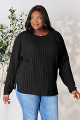 Trendsi Basic Bae Full Size Ribbed Round Neck Slit Knit Top -