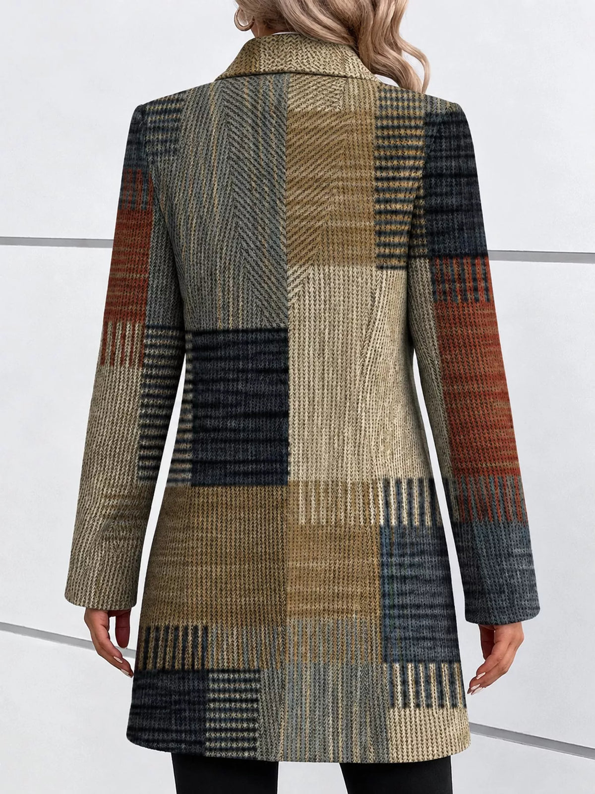 Women's Patterned Notched Lapel Longline Coat in multicolor check — back view