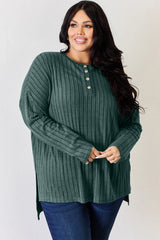 Trendsi Basic Bae Full Size Ribbed Half Button Long Sleeve High-Low T-Shirt - Pants