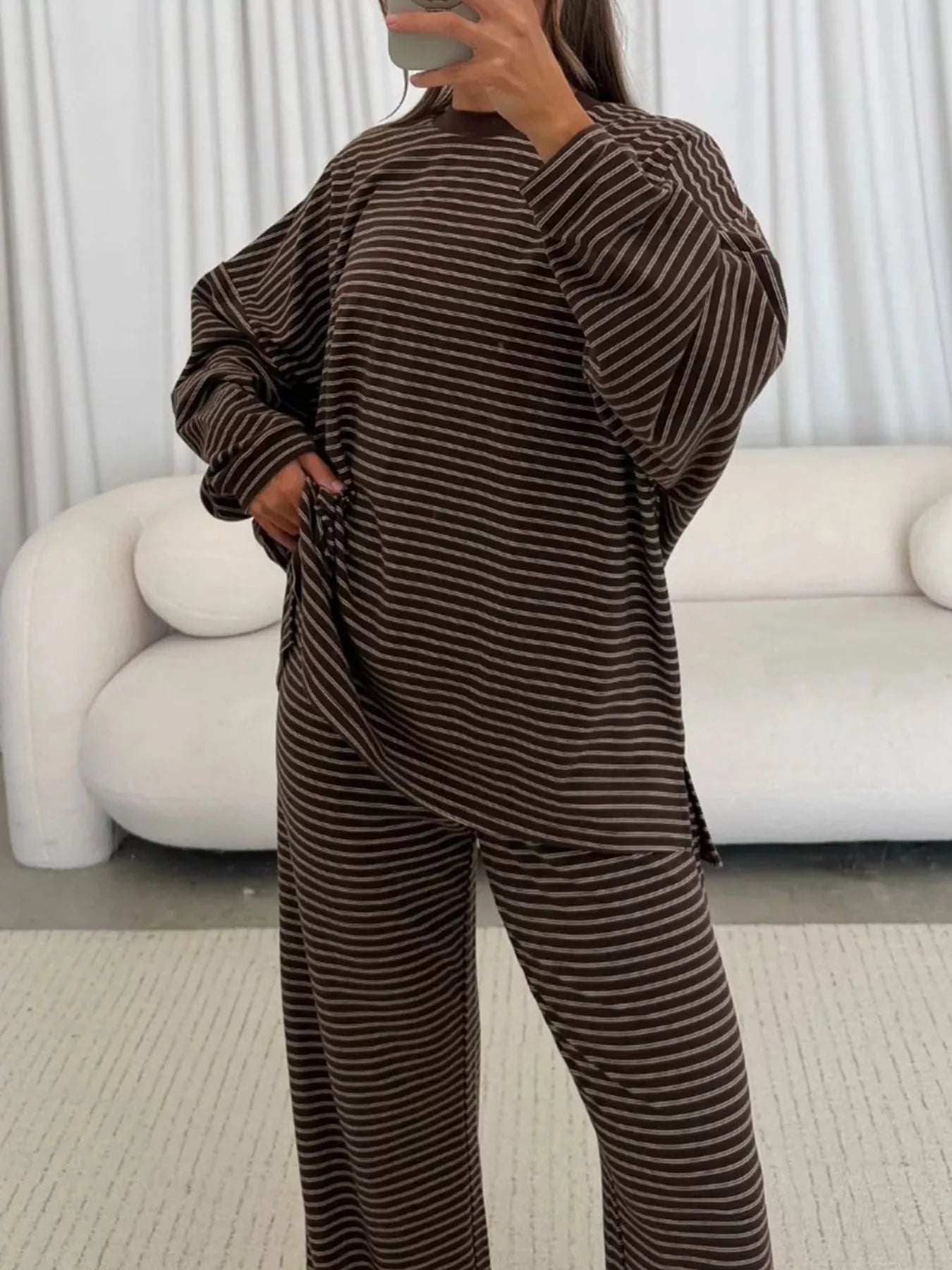 Trendsi Striped Long Sleeve Top and Wide Leg Pants Set -