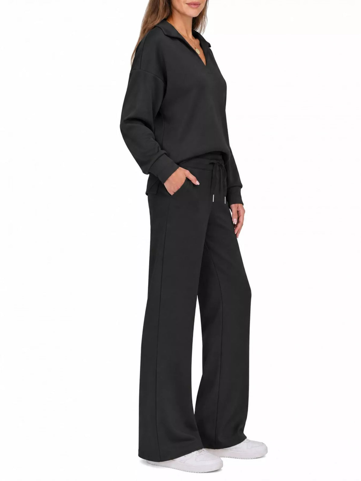 Top and drawstring pants set, black side