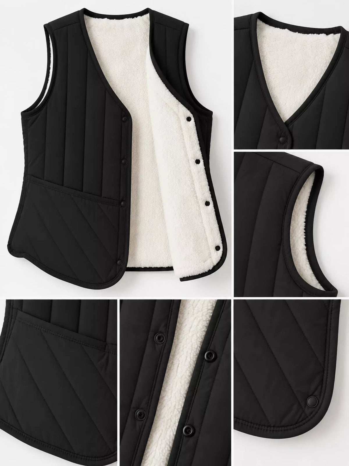 Quilted Button Up Vest in black, construction detail
