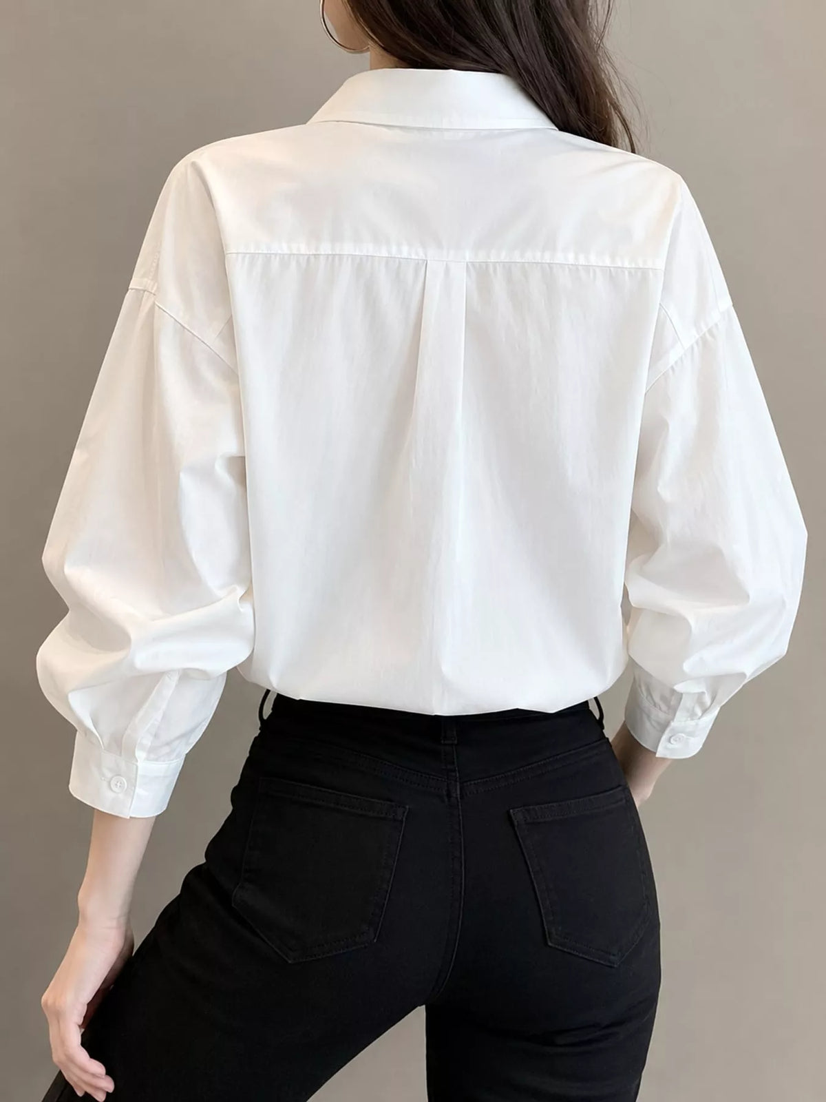 White - With Pocket button-down long sleeve shirt, back view