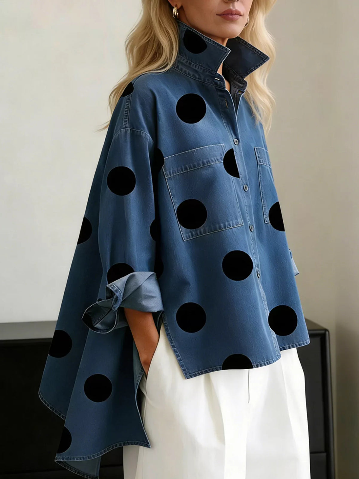 Polka Dot Oversized Denim Look Shirt in blue, front view