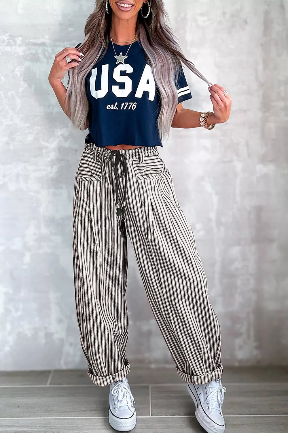 Trendsi Stripe Drawstring Casual Loose Pants -