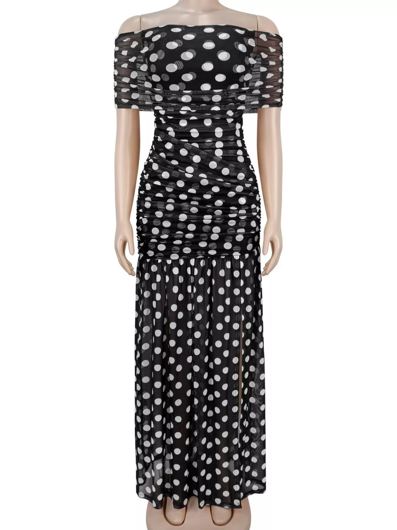 Trendsi Polka Dot Off Shoulder Slit Maxi Dress -