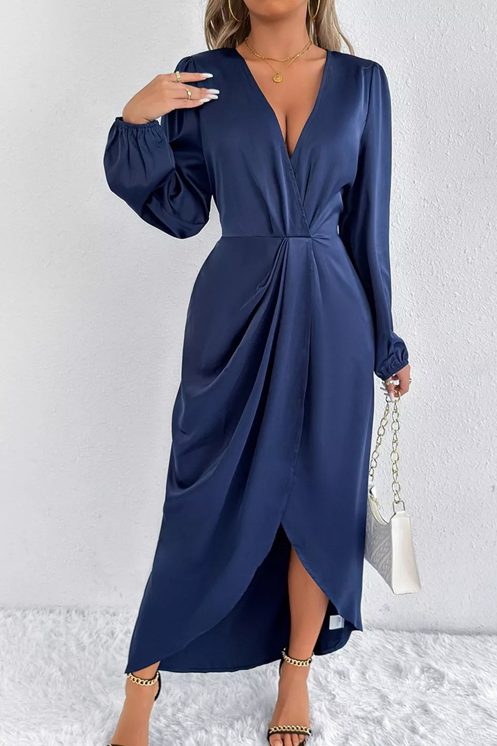 Trendsi Satin Balloon Sleeve Midi Dress -