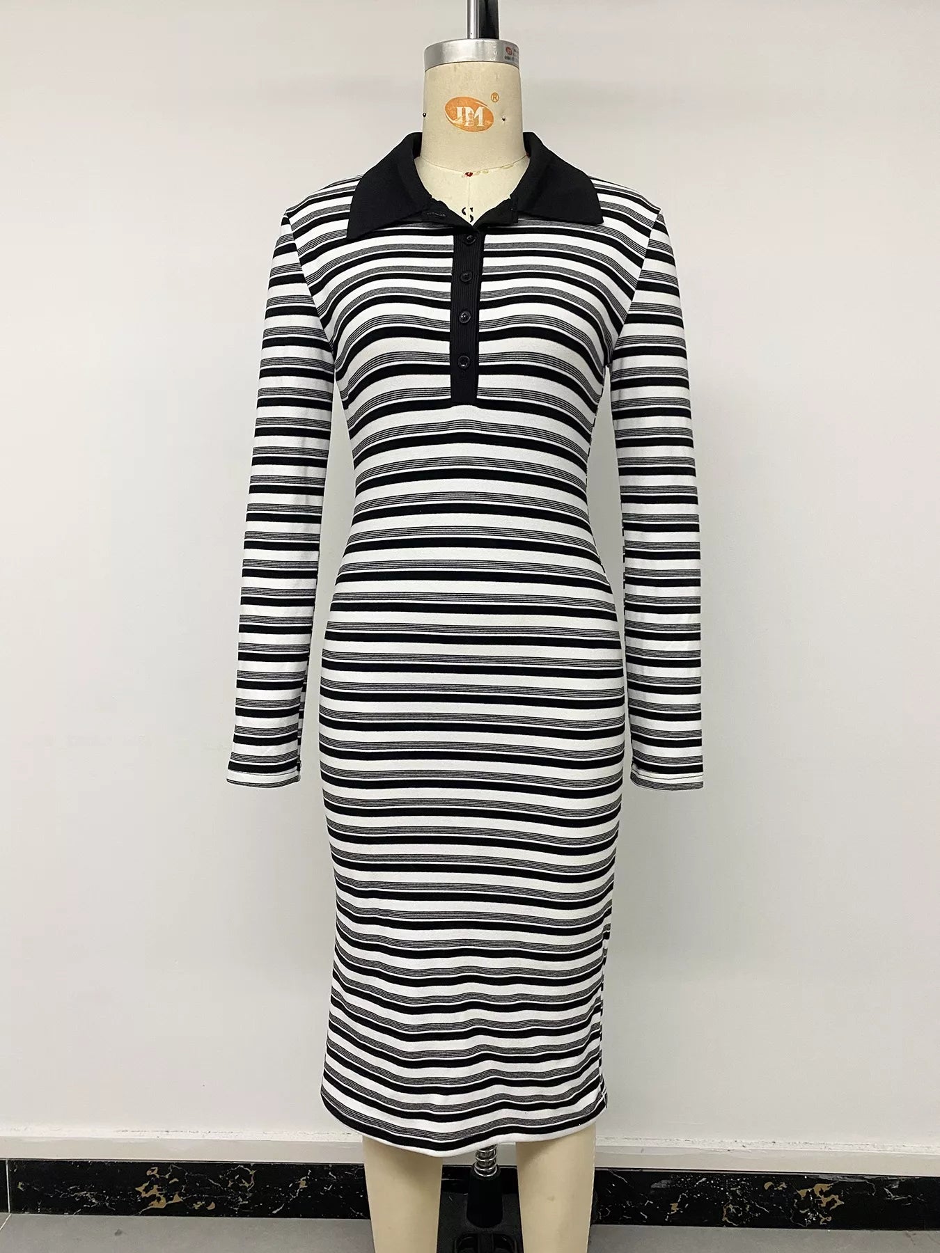 Trendsi Striped Polo Collar Midi Dress -