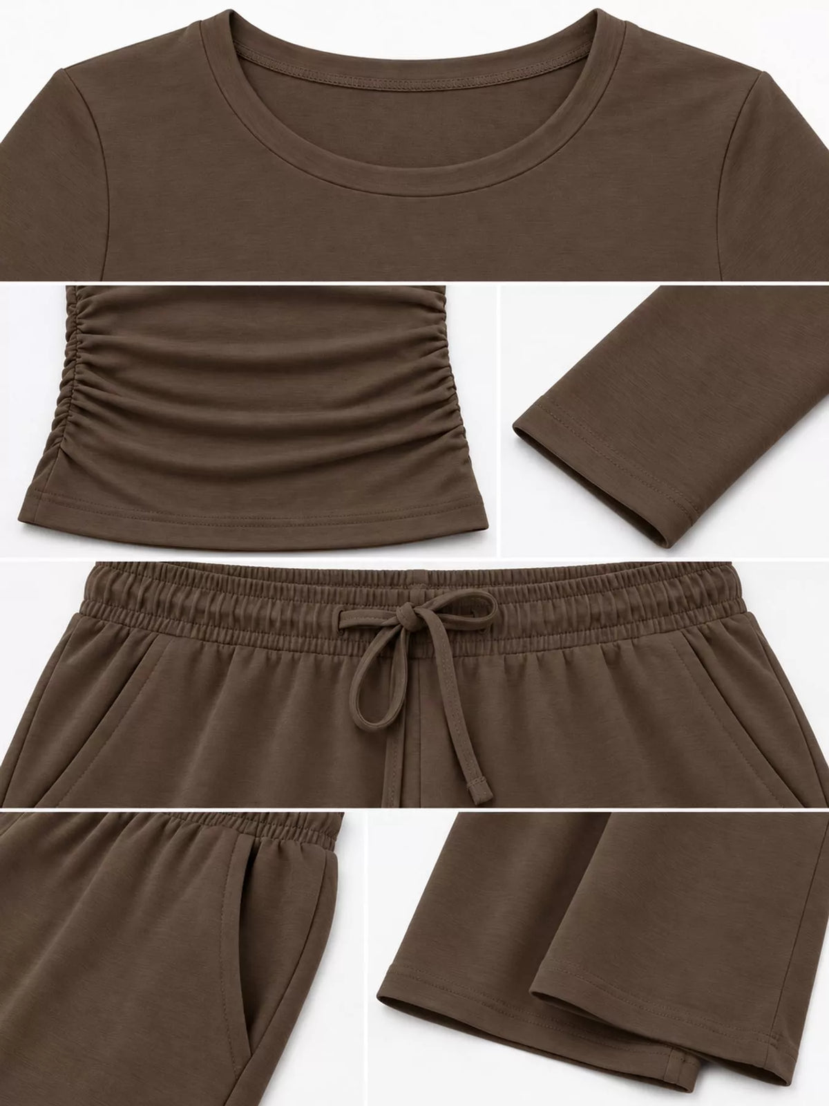 Long Sleeve Ruched Top and Wide-Leg Drawstring Pants Set — construction details