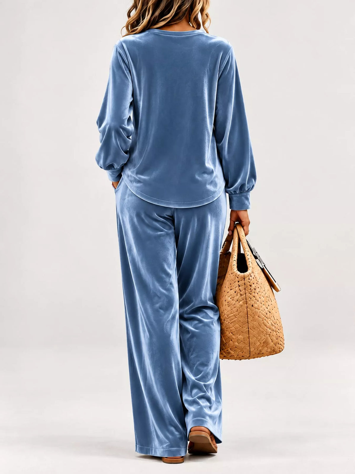 Blue decorative button top and pants set — back view