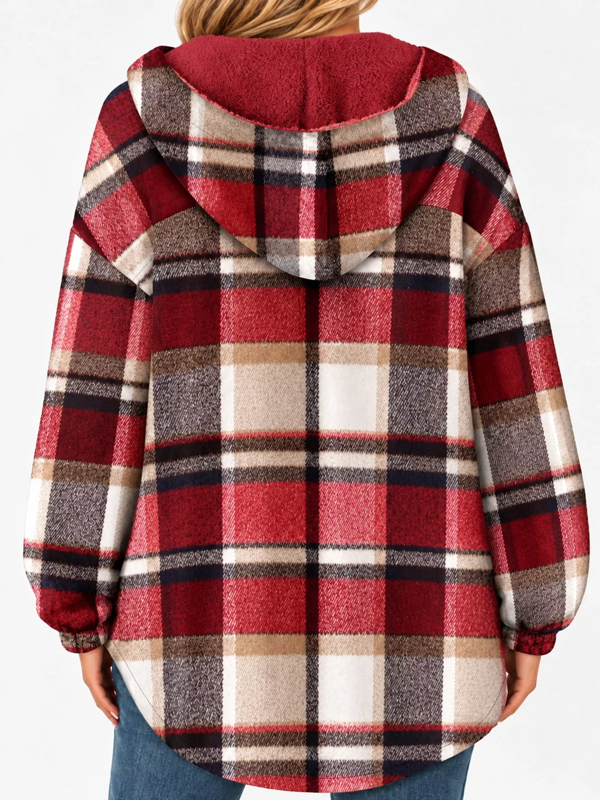 Red plaid hooded button up jacket, back view