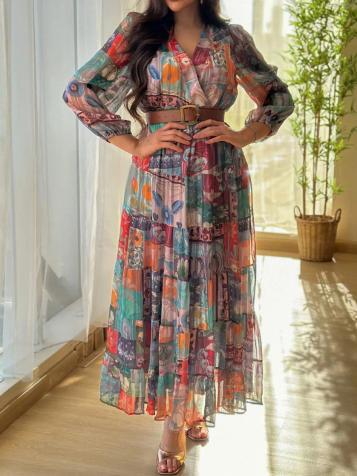 Printed maxi dress, multicolor belted dress straight front