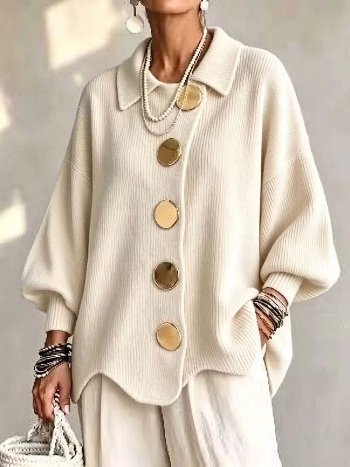 Women's Ribbed Knit Gold Buttons Cardigan in cream — front view