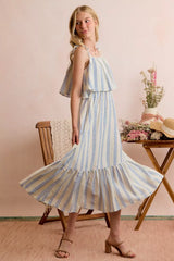 Trendsi SO ME Stripe Tiered Shoulder Tie Midi Lined Dress -