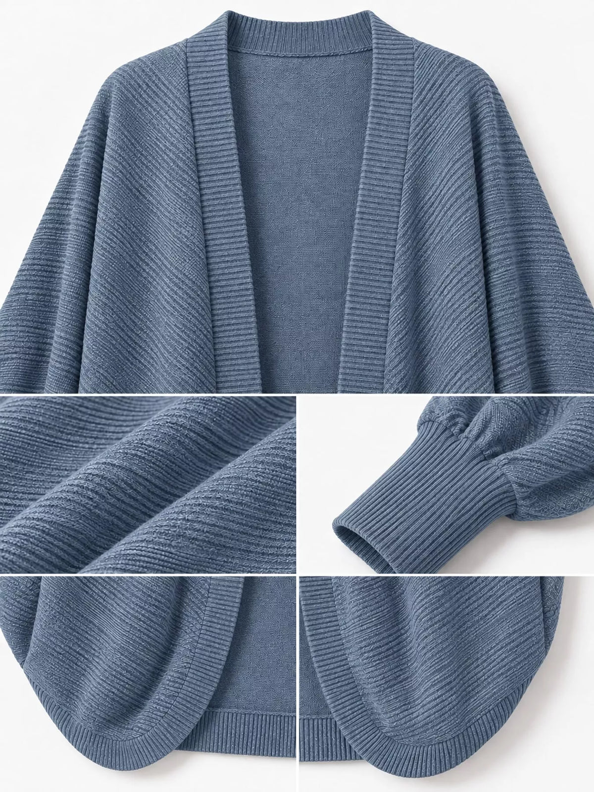Blue open-front batwing sleeve cardigan, detail view