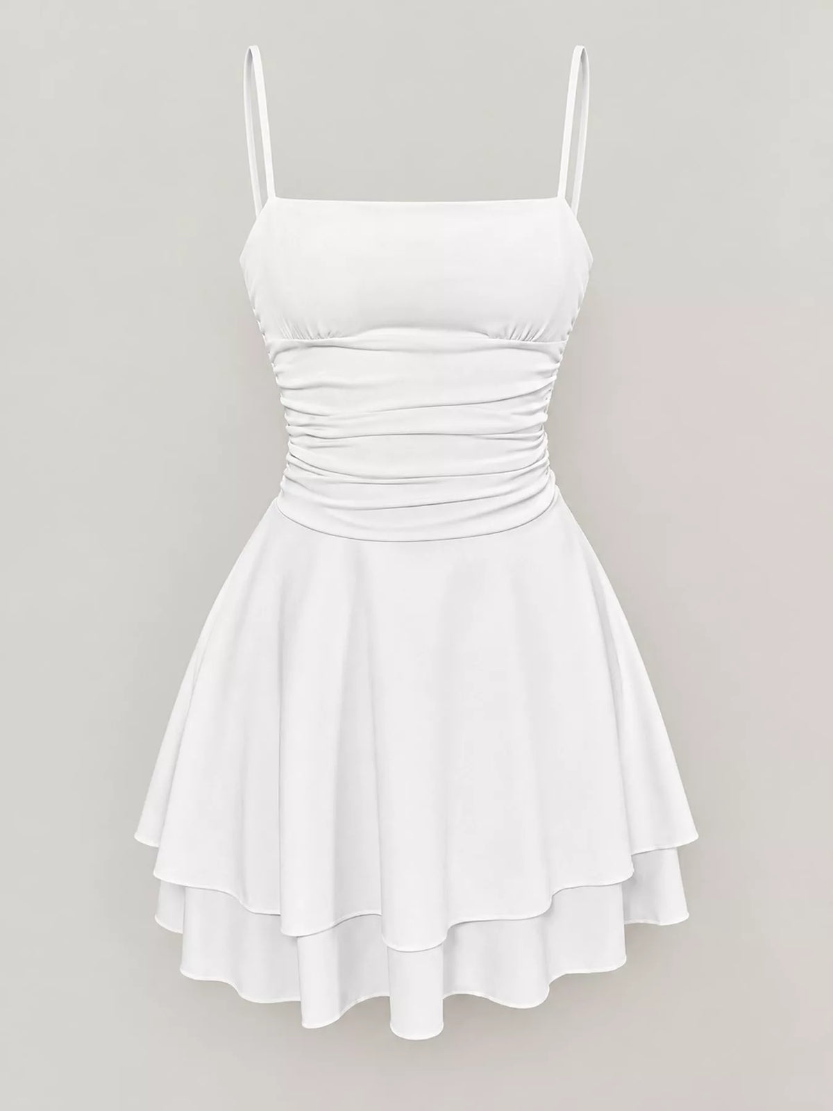 White ruched spaghetti strap layered mini dress, front product view