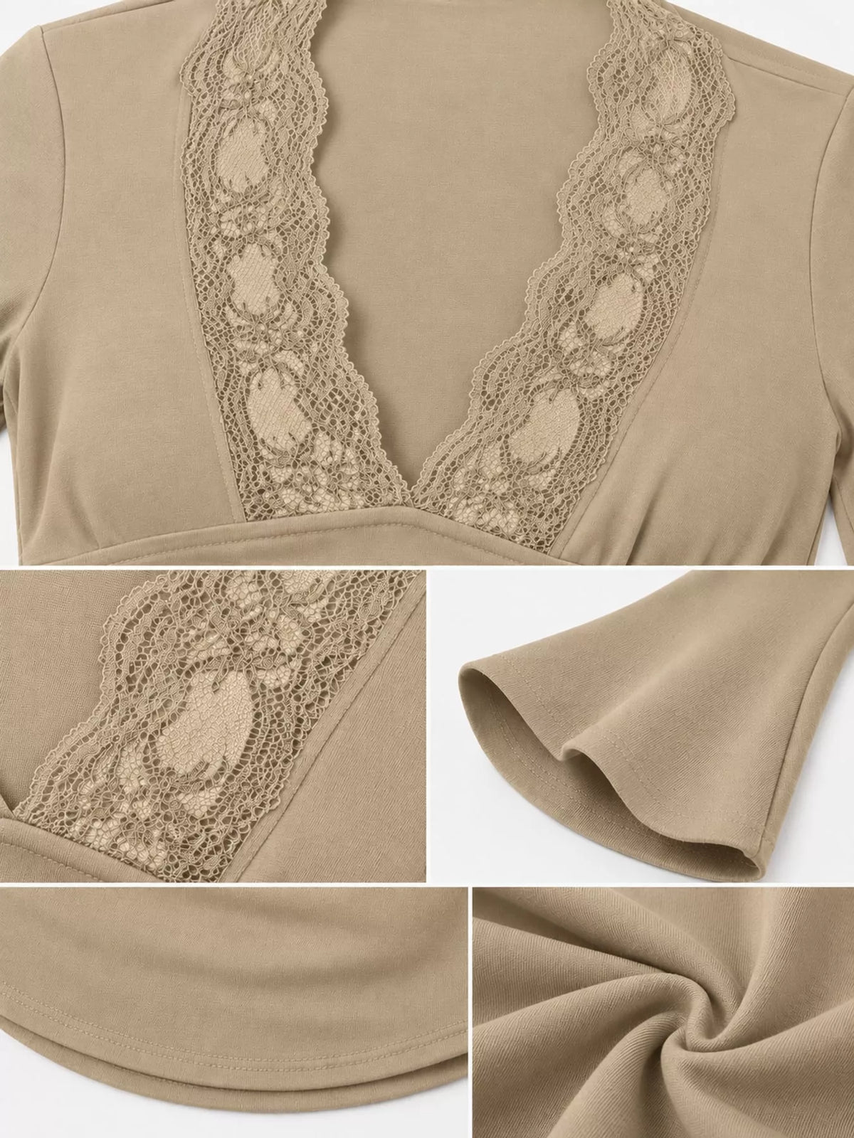 Khaki lace trim v-neck long sleeve slim fit t-shirt