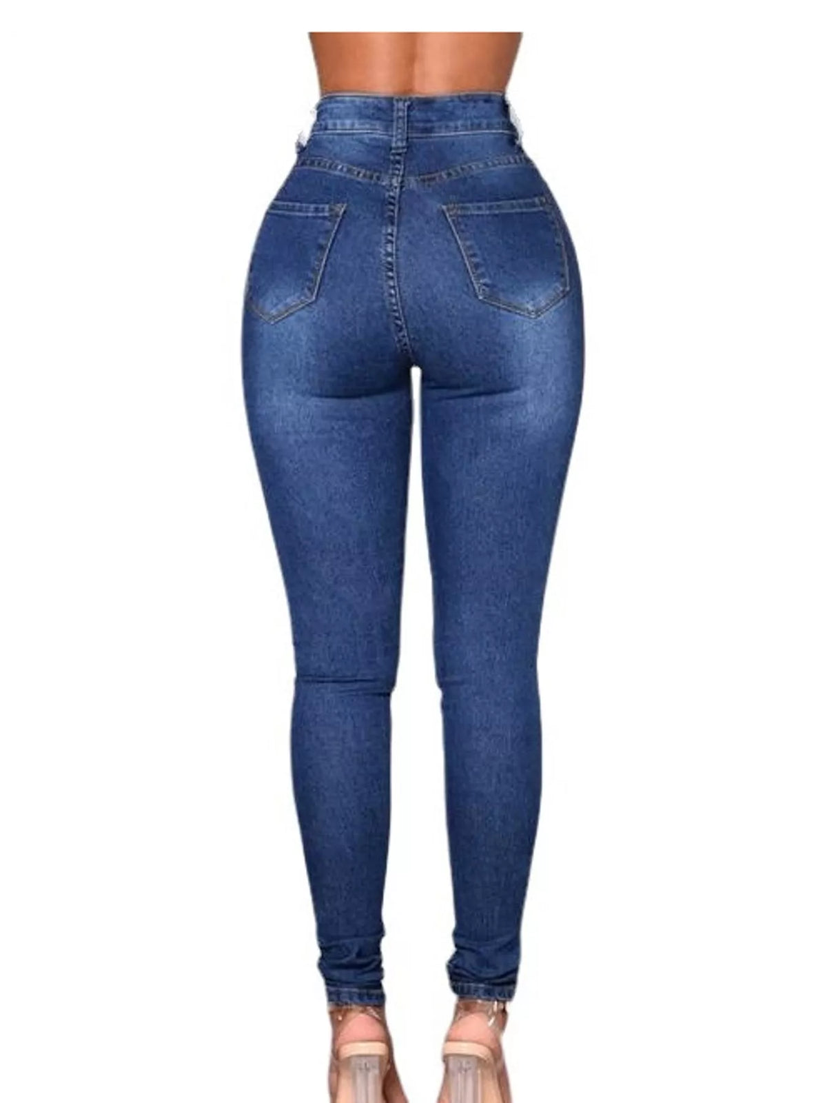 Dark Blue high-waisted skinny jeans, back view