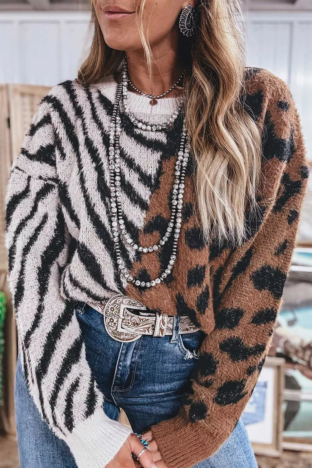 Trendsi Western Leopard Zebra Print Long Sleeve Round Neck Sweater -