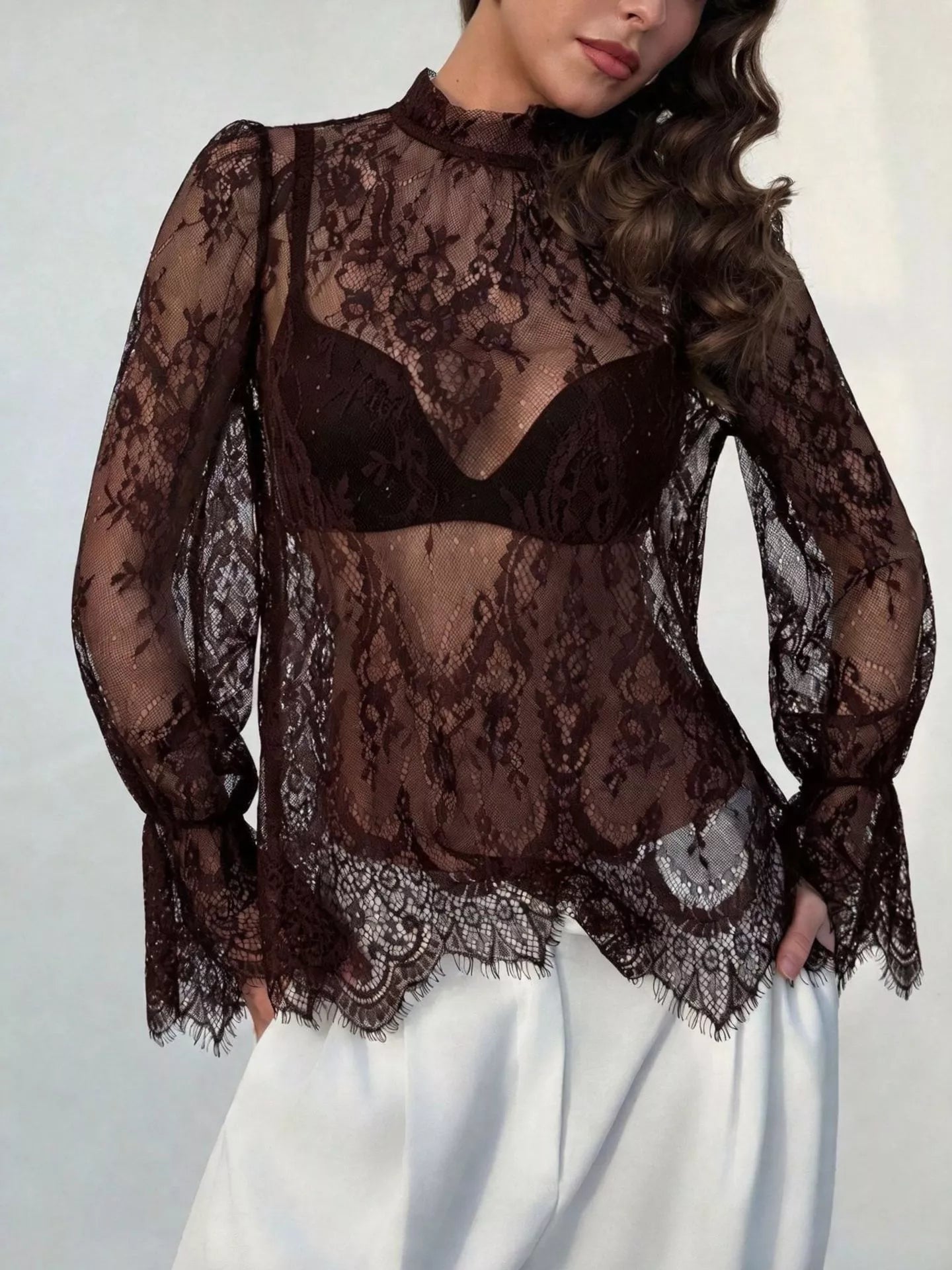 Trendsi Lace Flounce Sleeve Top -