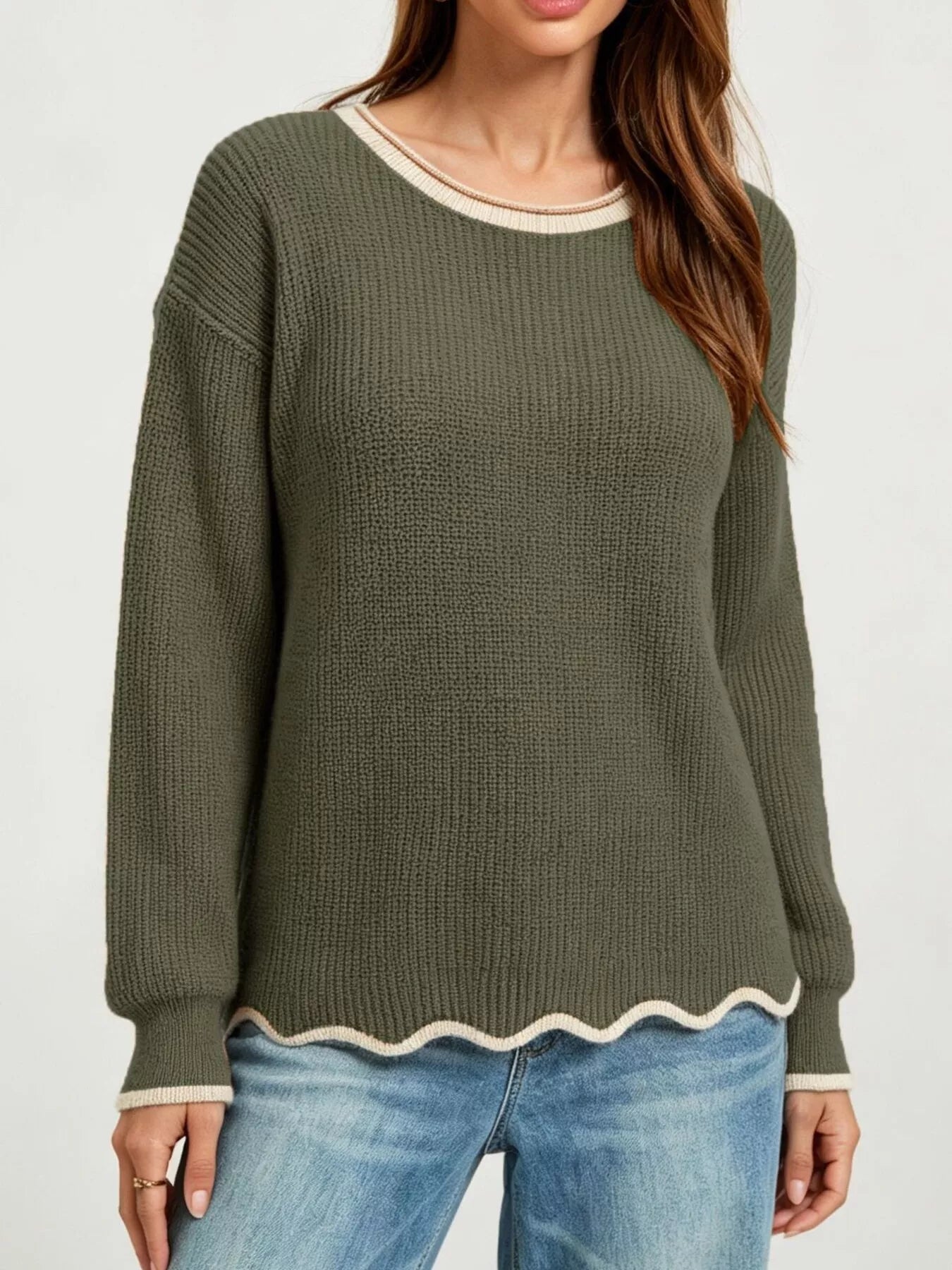 Trendsi Contrast Trim Scalloped Hem Ribbed Knit Sweater -